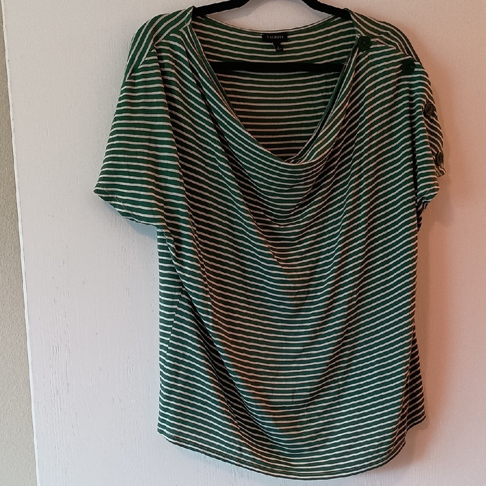 Talbots Green and White Striped Short Sleeve Top